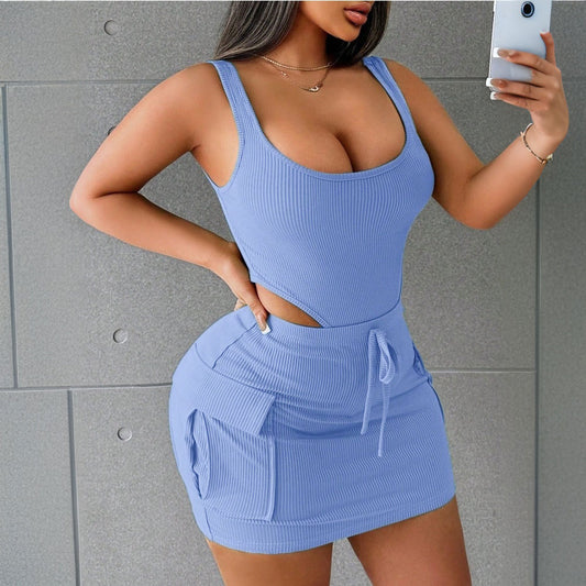 Women'S Suits Summer Square Neck Suspender Jumpsuit and Slim Skirt